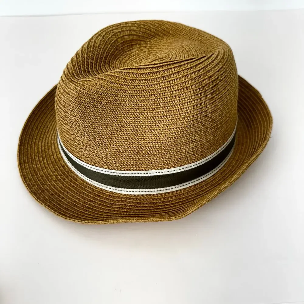 Uno Alla Volta Fedora Raffia Hat Feather Gems Rhinestone Band Tan Made in USA